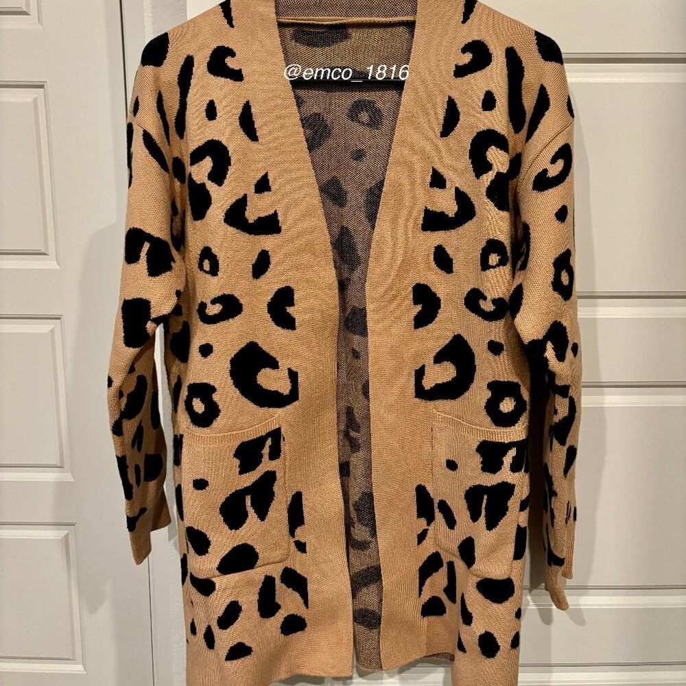 Warm Tan/Black Leopard/Animal Print Open Front Longline Cardigan, Size M/L